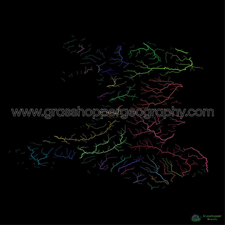 Gales - Mapa de la cuenca fluvial, arco iris sobre negro - Impresión de bellas artes