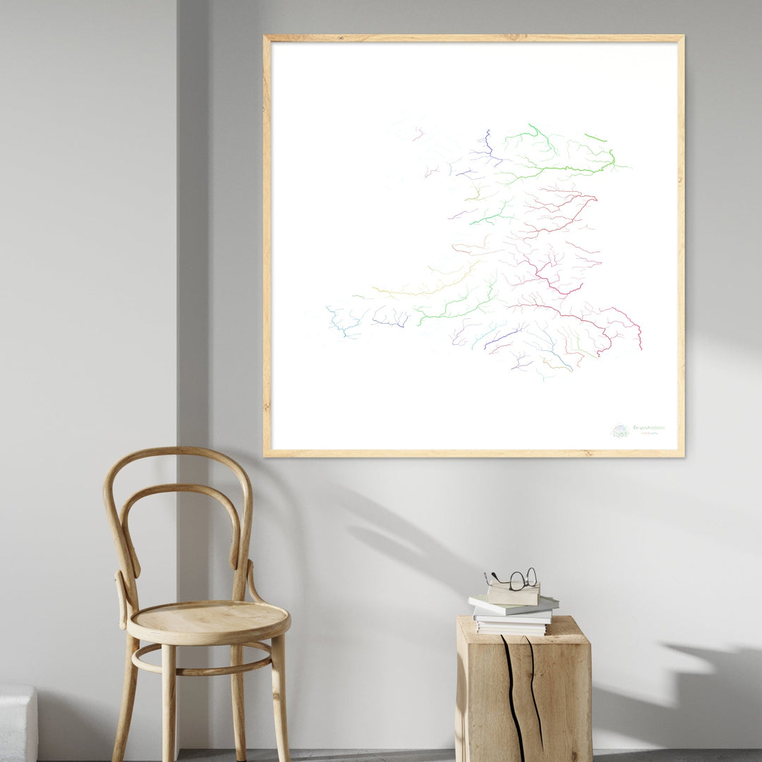 River basin map of Wales, rainbow colours on white Fine Art Print