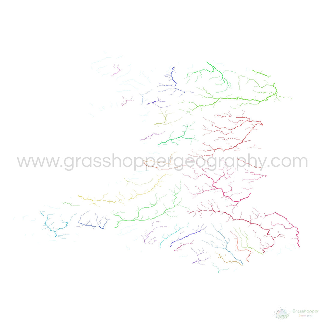 River basin map of Wales, rainbow colours on white Fine Art Print