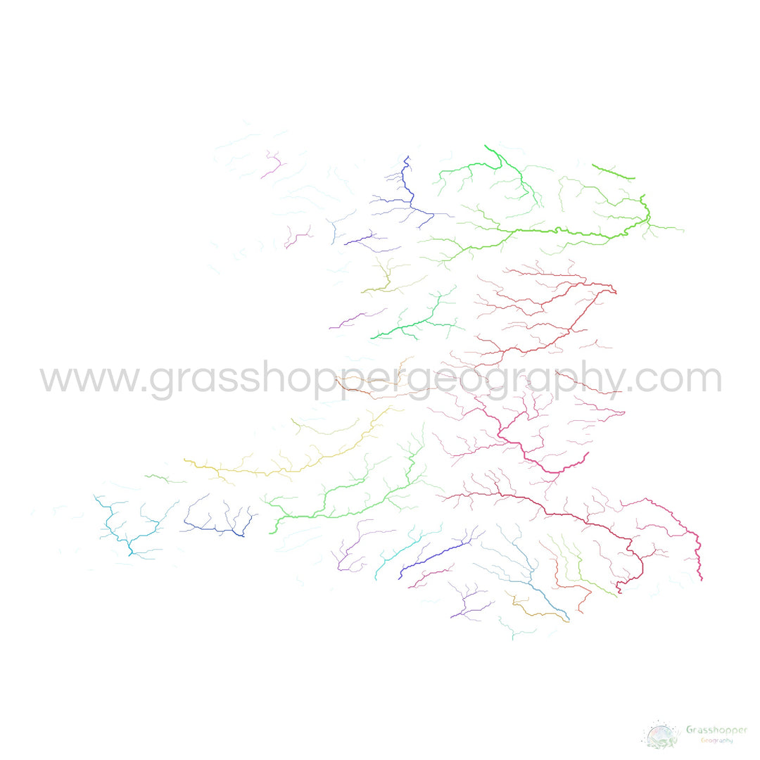 Wales - River basin map, rainbow on white - Fine Art Print