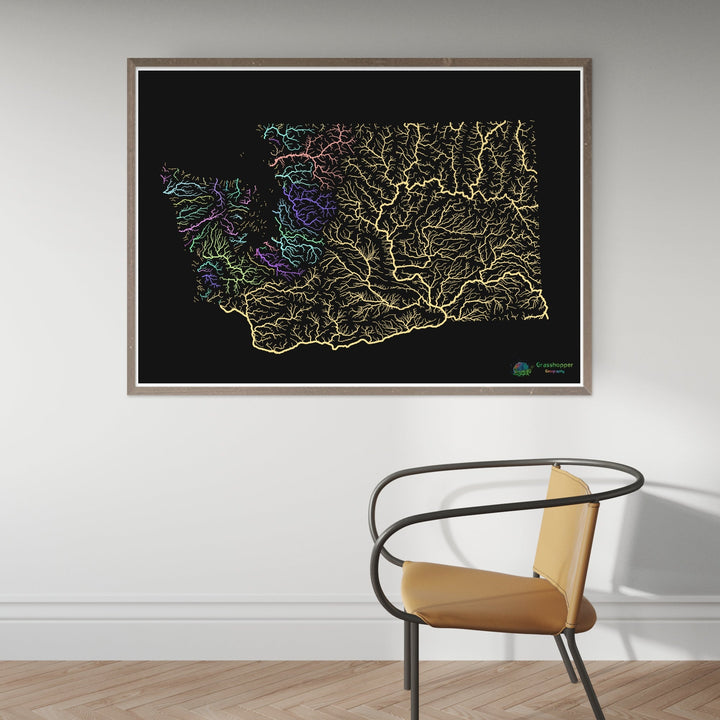 River basin map of Washington, pastel colours on black - Fine Art Print