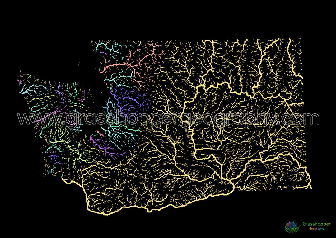 Washington - Carte du bassin fluvial, pastel sur noir - Fine Art Print