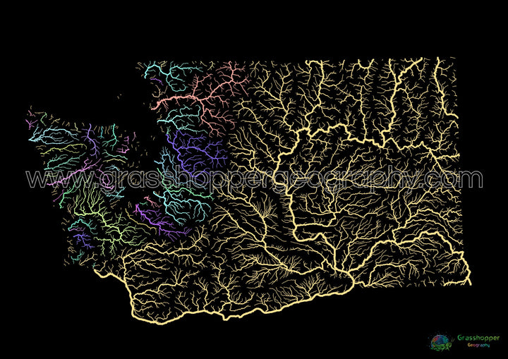 Washington - Mapa de la cuenca del río, pastel sobre negro - Impresión de Bellas Artes