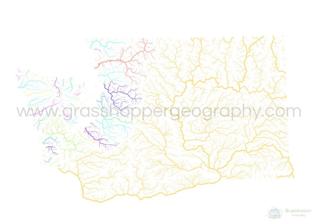 Washington - Mapa de la cuenca del río, pastel sobre blanco - Impresión de Bellas Artes