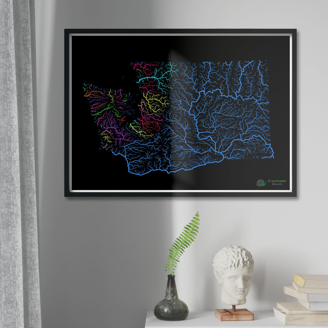 Washington - Mapa de la cuenca fluvial, arco iris sobre negro - Impresión de bellas artes