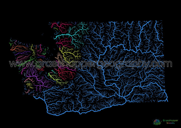 Washington - River basin map, rainbow on black - Fine Art Print