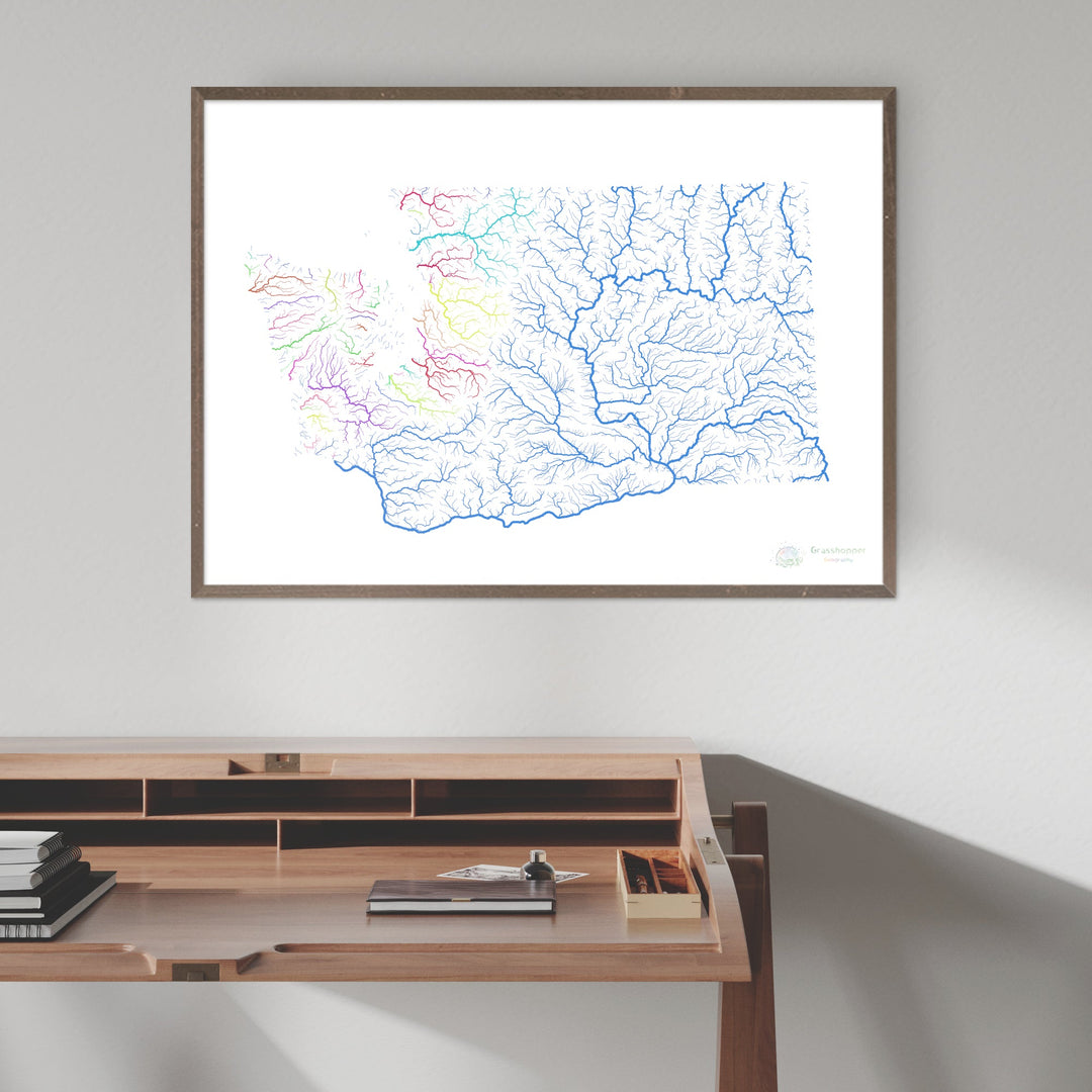 Washington - River basin map, rainbow on white - Fine Art Print