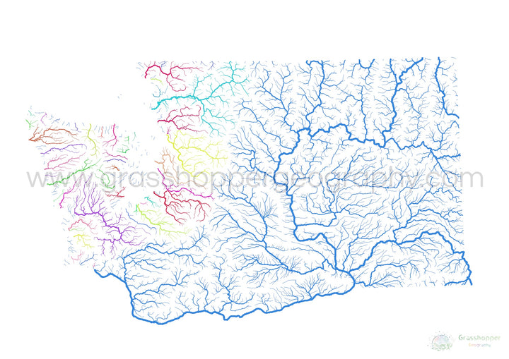 Washington - River basin map, rainbow on white - Fine Art Print