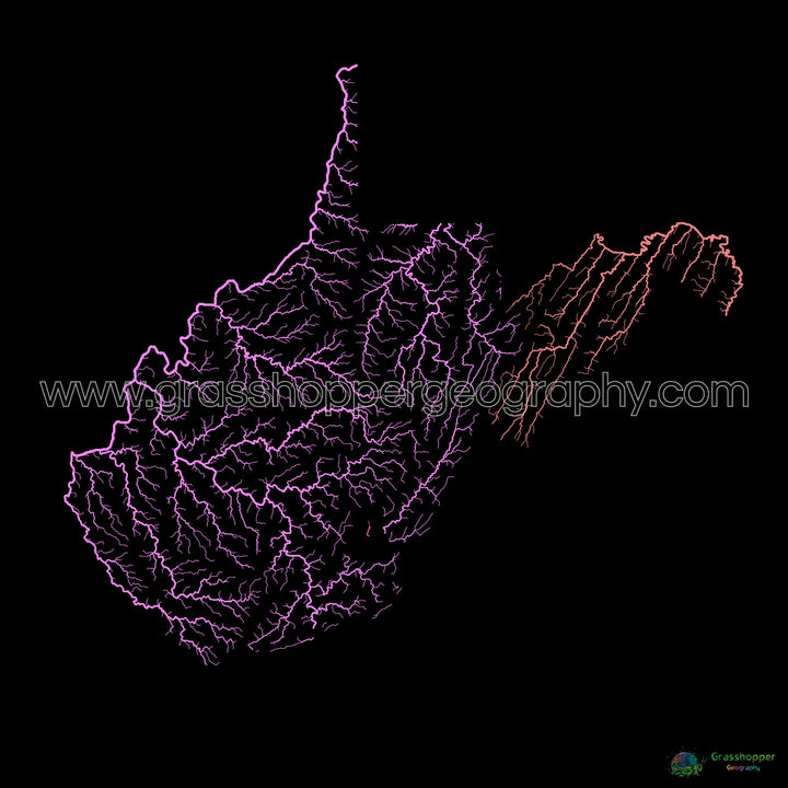 Virginia Occidental - Mapa de la cuenca fluvial, pastel sobre negro - Impresión de bellas artes