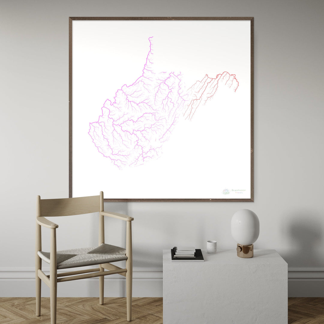 Virginia Occidental - Mapa de la cuenca fluvial, pastel sobre blanco - Impresión de bellas artes