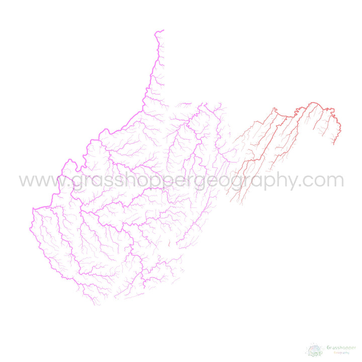 Virginia Occidental - Mapa de la cuenca fluvial, pastel sobre blanco - Impresión de bellas artes