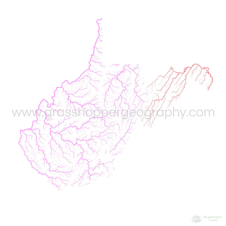 West Virginia - River basin map, pastel on white - Fine Art Print