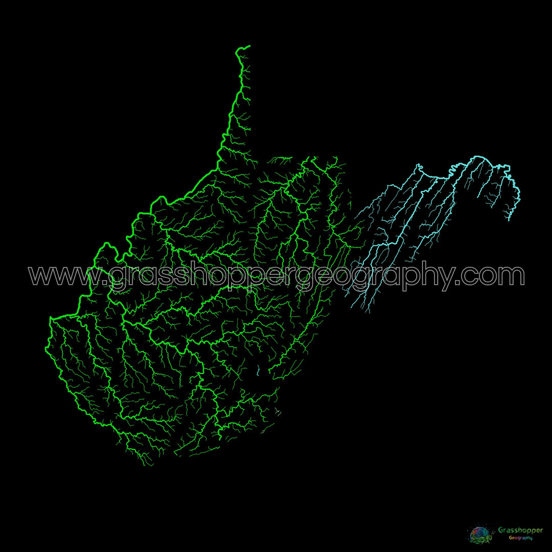 Virginie-Occidentale - Carte du bassin fluvial, arc-en-ciel sur noir - Fine Art Print