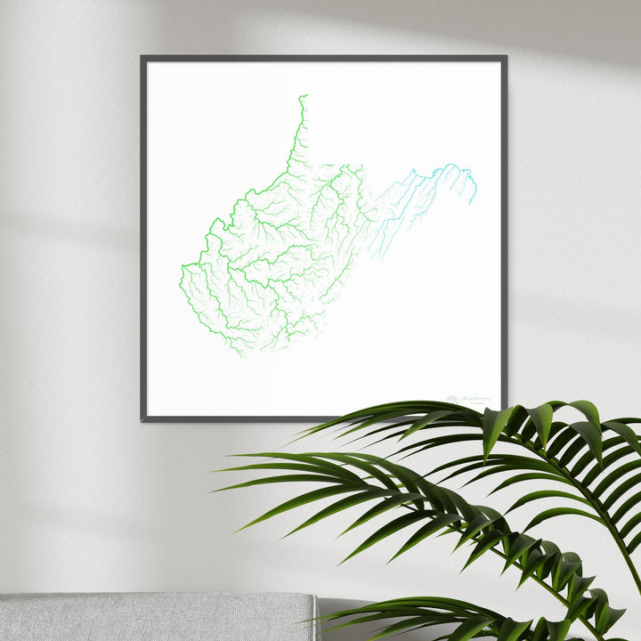 River basin map of West Virginia, rainbow colours on white Fine Art Print