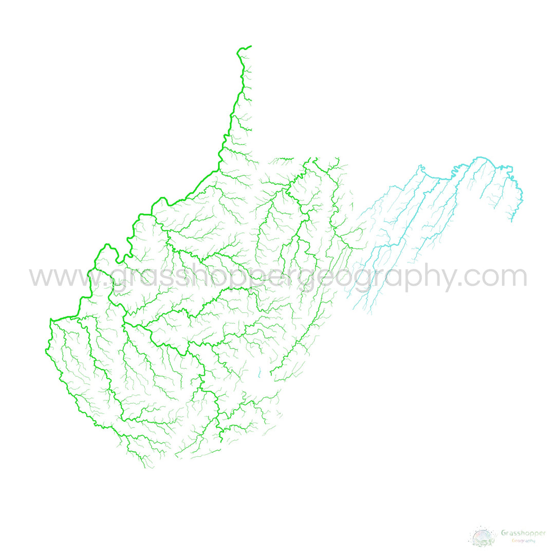 West Virginia - River basin map, rainbow on white - Fine Art Print