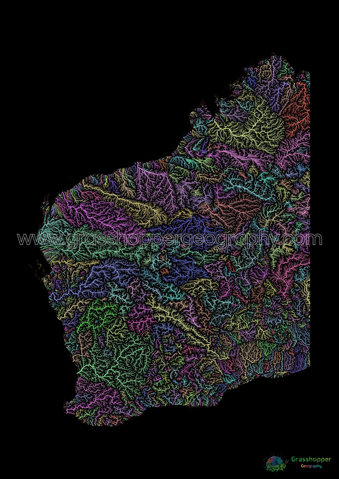 River basin map of Western Australia, pastel colours on black - Fine Art Print