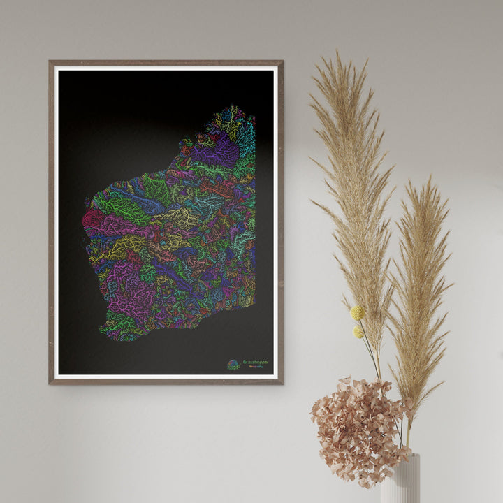 Western Australia - River basin map, rainbow on black - Fine Art Print