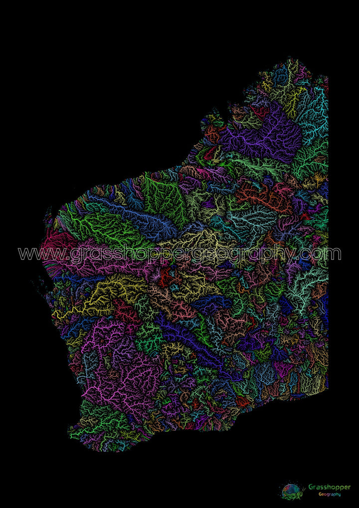 River basin map of Western Australia, rainbow colours on black - Fine Art Print