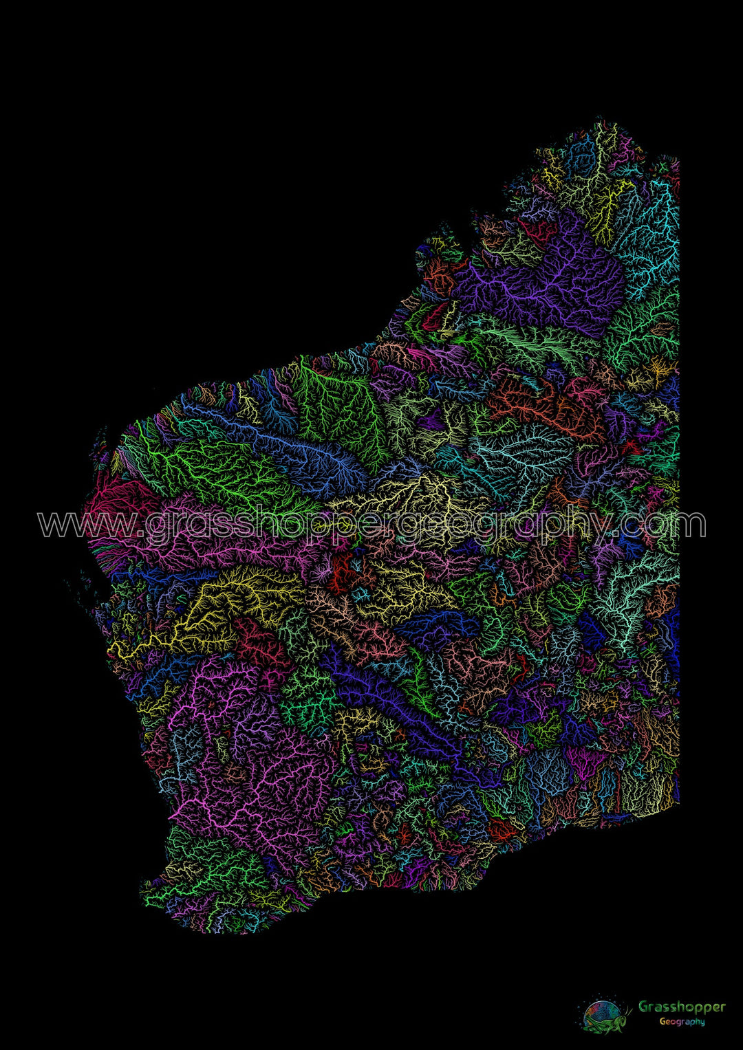 Western Australia - River basin map, rainbow on black - Fine Art Print