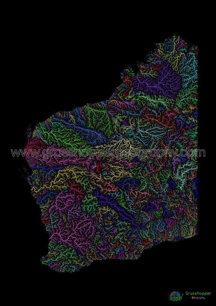 Austrália Ocidental - Mapa da bacia hidrográfica, arco-íris em preto - Impressão de belas artes
