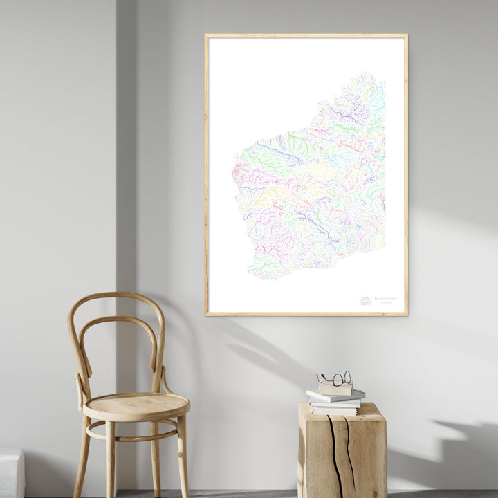 Western Australia - River basin map, rainbow on white - Fine Art Print