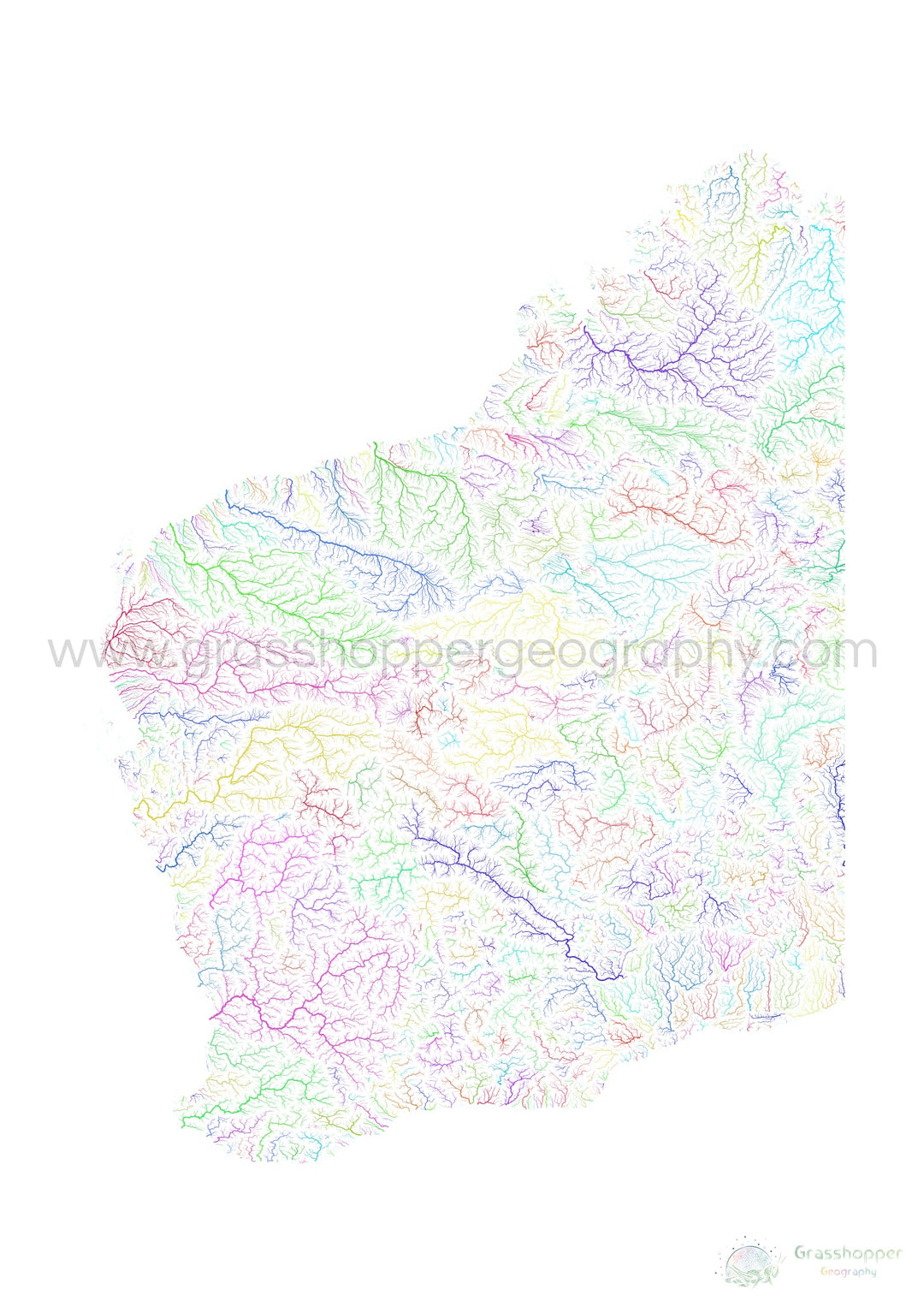 Western Australia - River basin map, rainbow on white - Fine Art Print