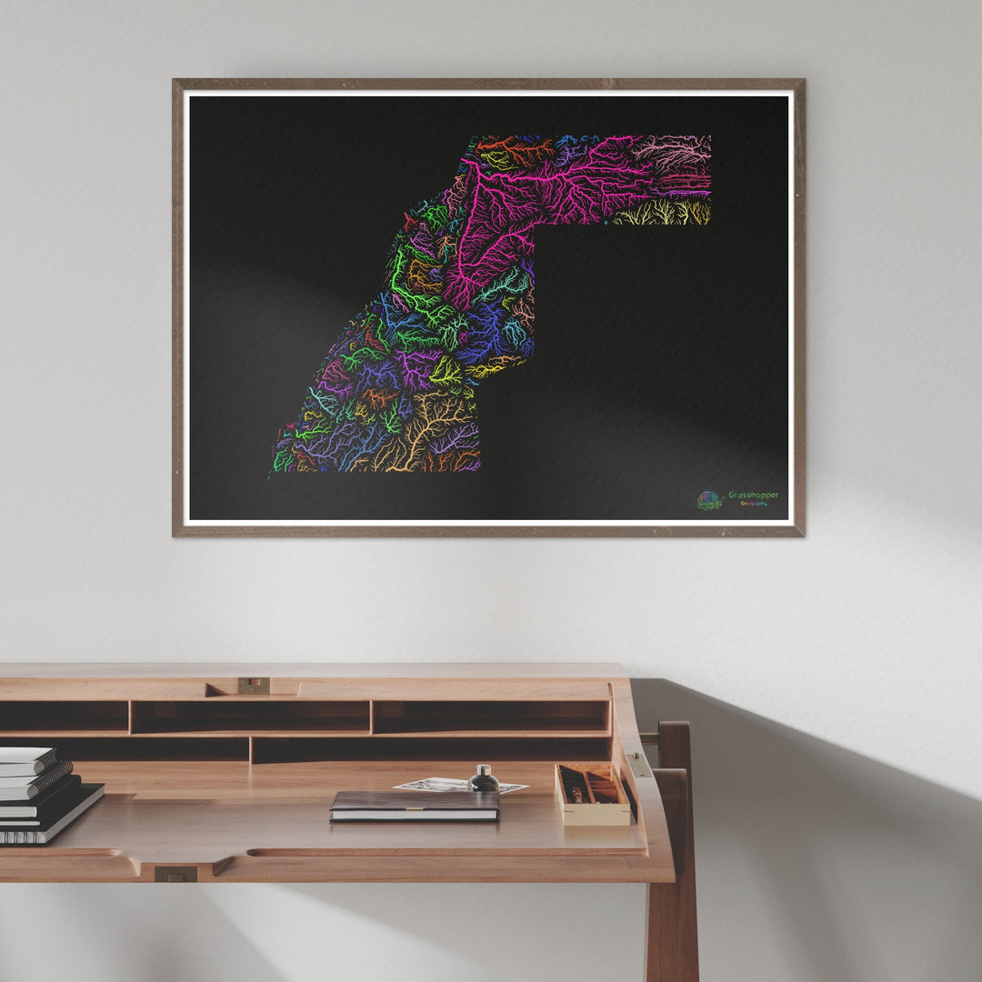 Western Sahara - River basin map, rainbow on black - - Fine Art Print