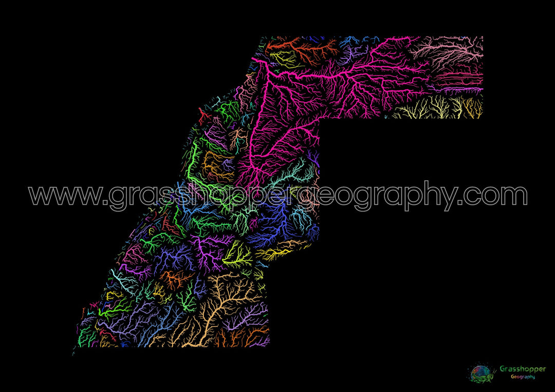 Western Sahara - River basin map, rainbow on black - - Fine Art Print