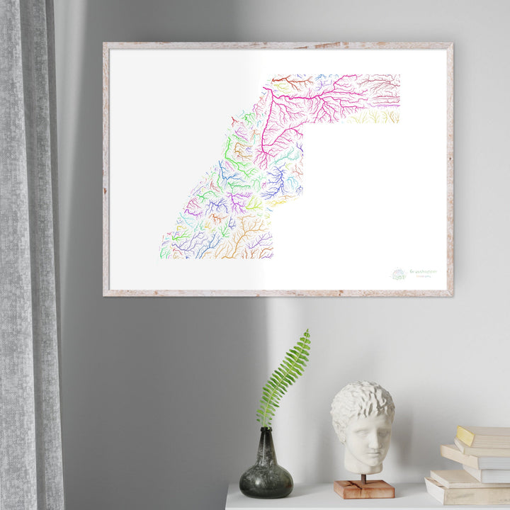 Western Sahara - River basin map, rainbow on white - Fine Art Print