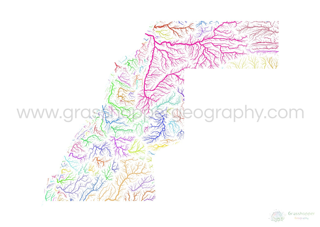 Sahara Occidental - Mapa de la cuenca fluvial, arco iris sobre blanco - Impresión de Bellas Artes