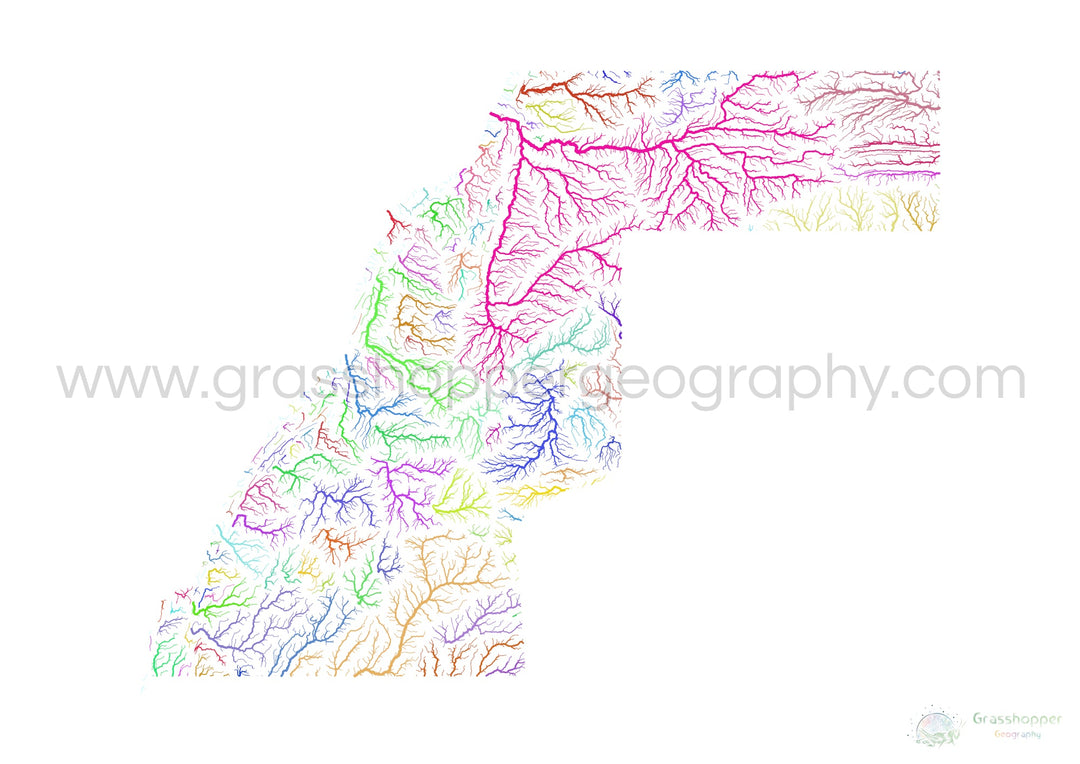 Western Sahara - River basin map, rainbow on white - Fine Art Print