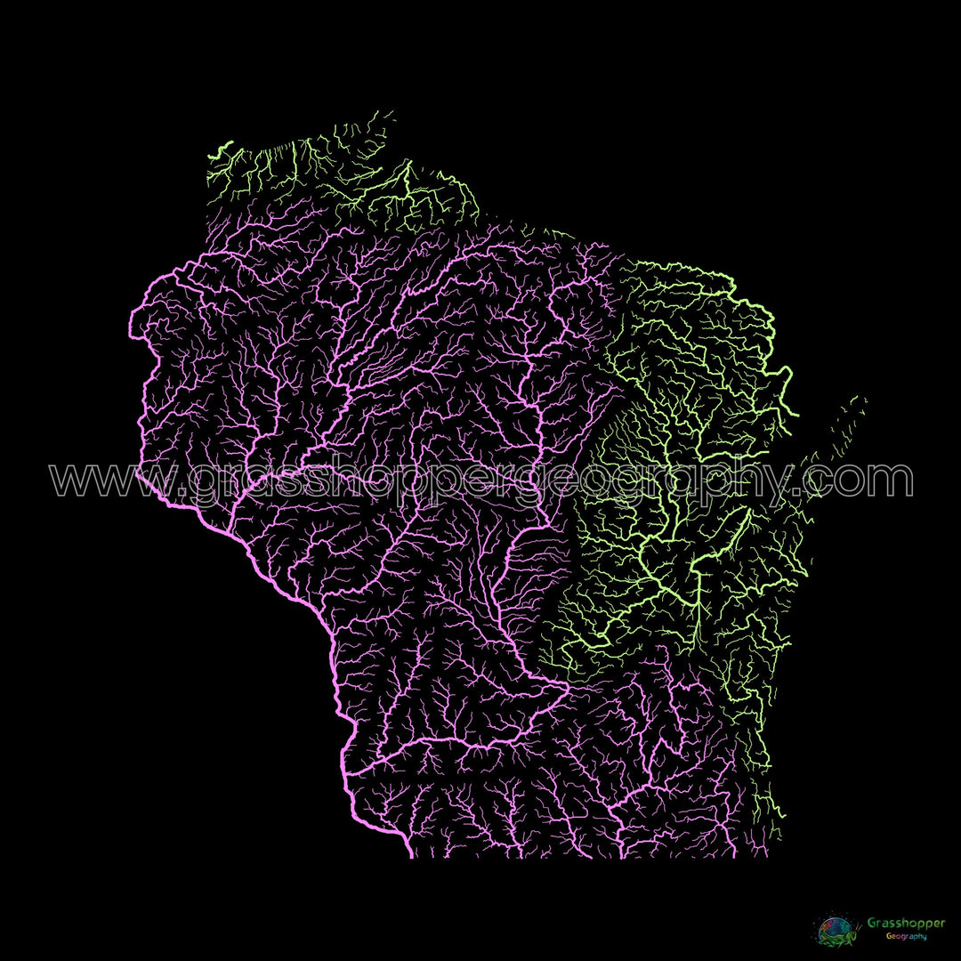 River basin map of Wisconsin, pastel colours on black - Fine Art Print