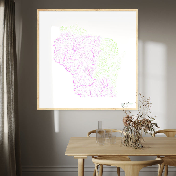 Wisconsin - Carte du bassin fluvial, pastel sur blanc - Fine Art Print