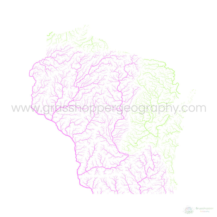 Wisconsin - Carte du bassin fluvial, pastel sur blanc - Fine Art Print
