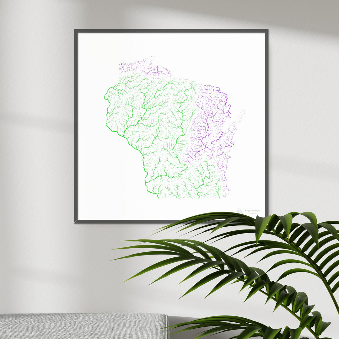 River basin map of Wisconsin, rainbow colours on white Fine Art Print