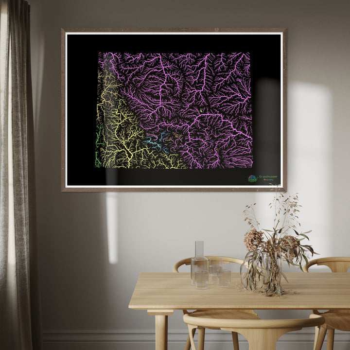 River basin map of Wyoming, pastel colours on black - Fine Art Print