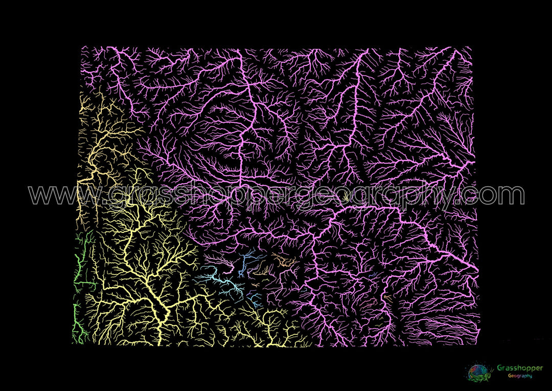 Wyoming - Carte du bassin fluvial, pastel sur noir - Fine Art Print
