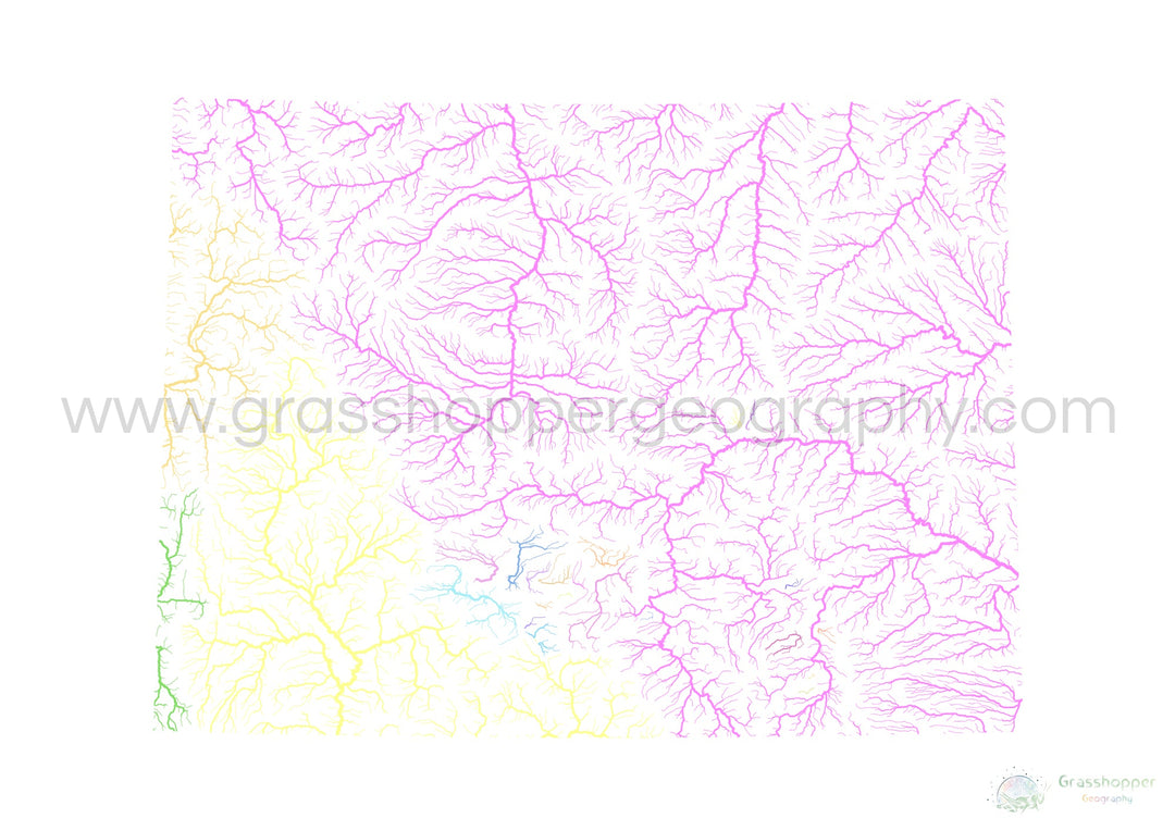 Wyoming - Carte du bassin fluvial, pastel sur blanc - Fine Art Print