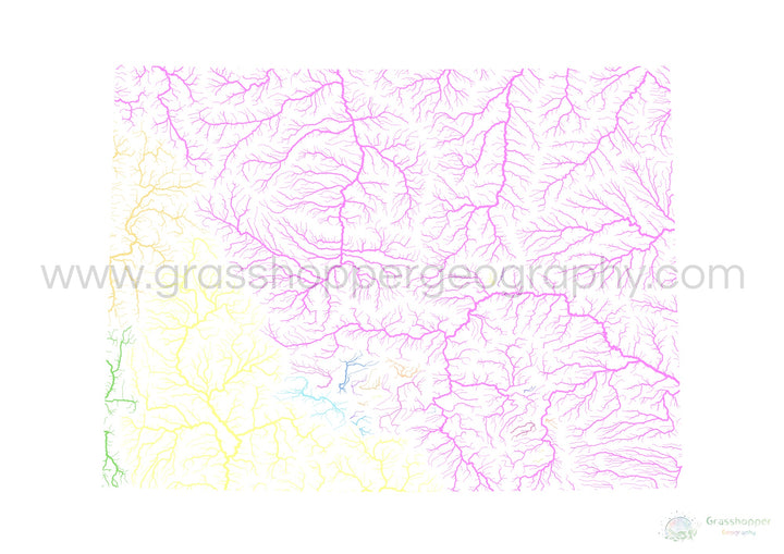Wyoming - Mapa de la cuenca del río, pastel sobre blanco - Impresión de Bellas Artes