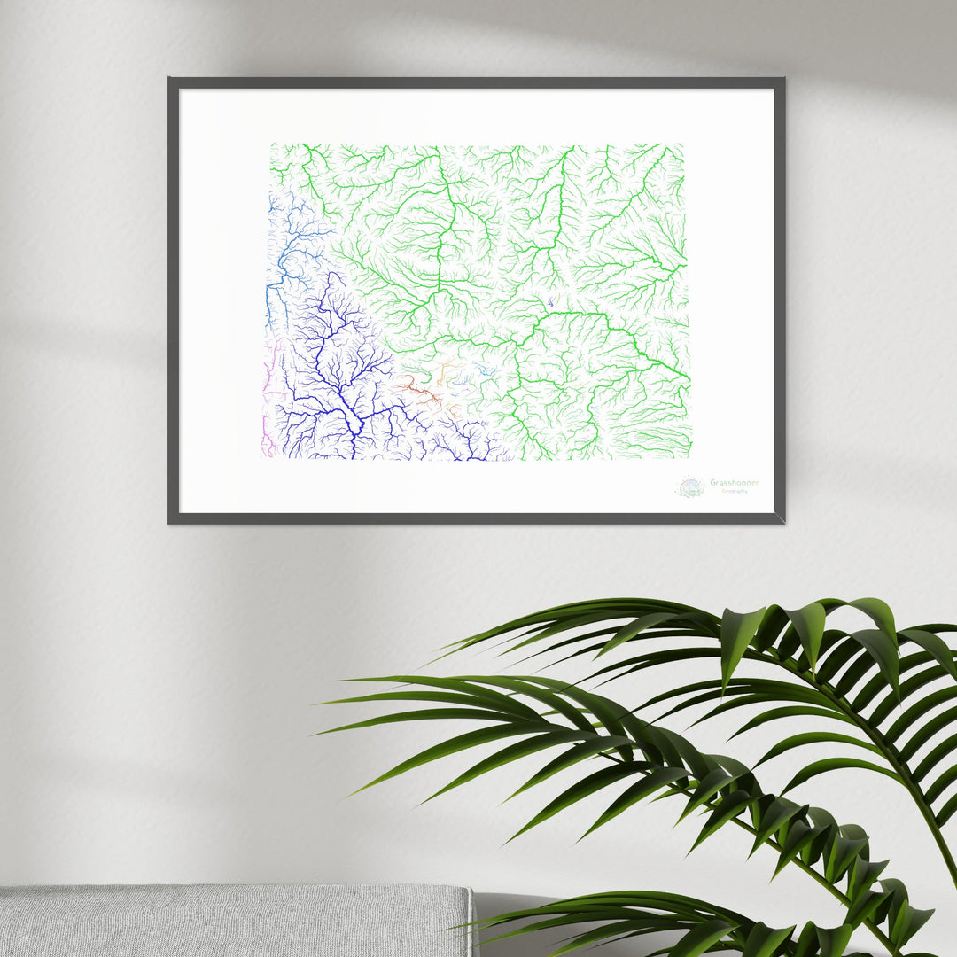 River basin map of Wyoming, rainbow colours on white Fine Art Print