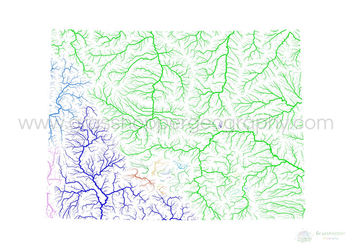 Wyoming - River basin map, rainbow on white - Fine Art Print