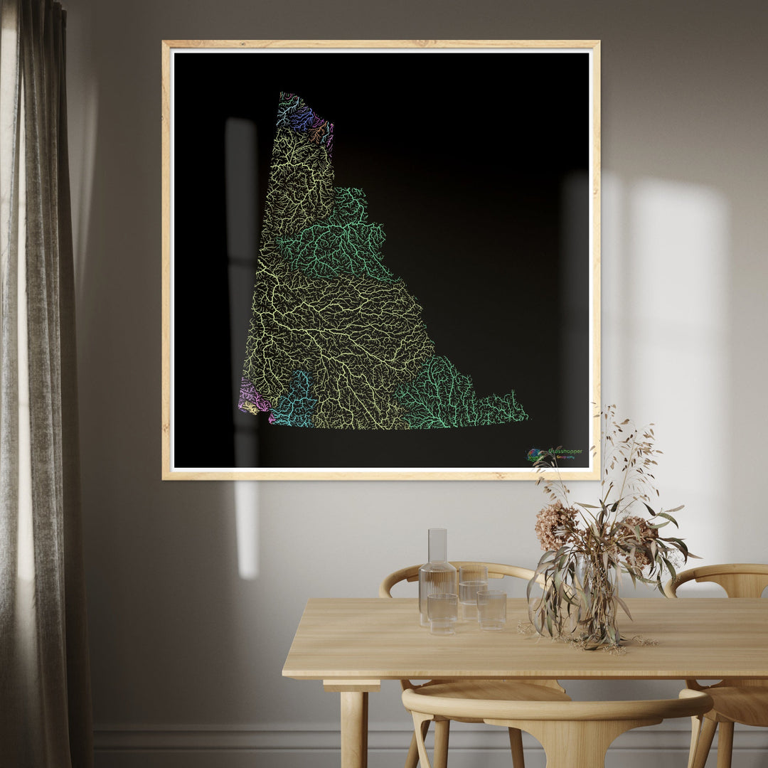 Yukon - Carte du bassin fluvial, pastel sur noir - Fine Art Print