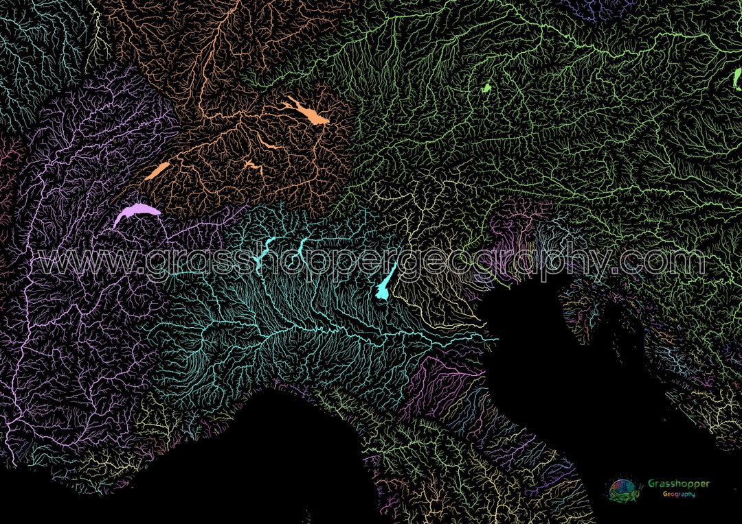 River basin map of the Alps, pastel colours on black - Fine Art Print