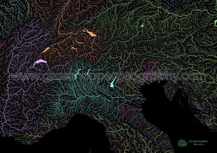 Les Alpes - Carte des bassins fluviaux, pastel sur noir - Fine Art Print