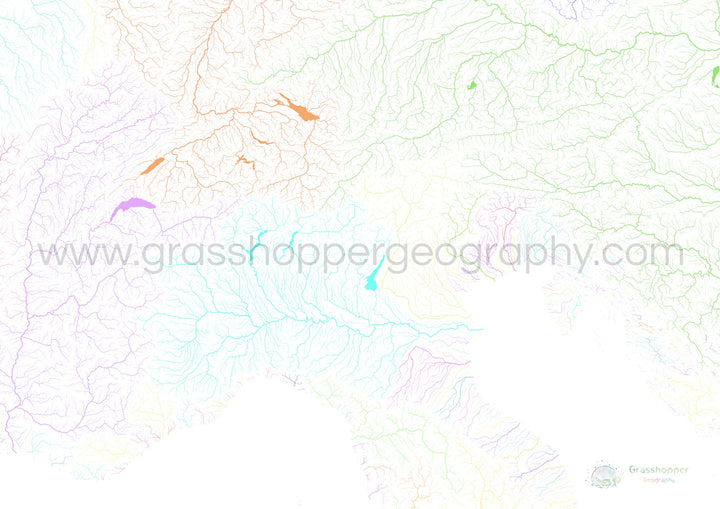 The Alps - River basin map, pastel on white - Fine Art Print