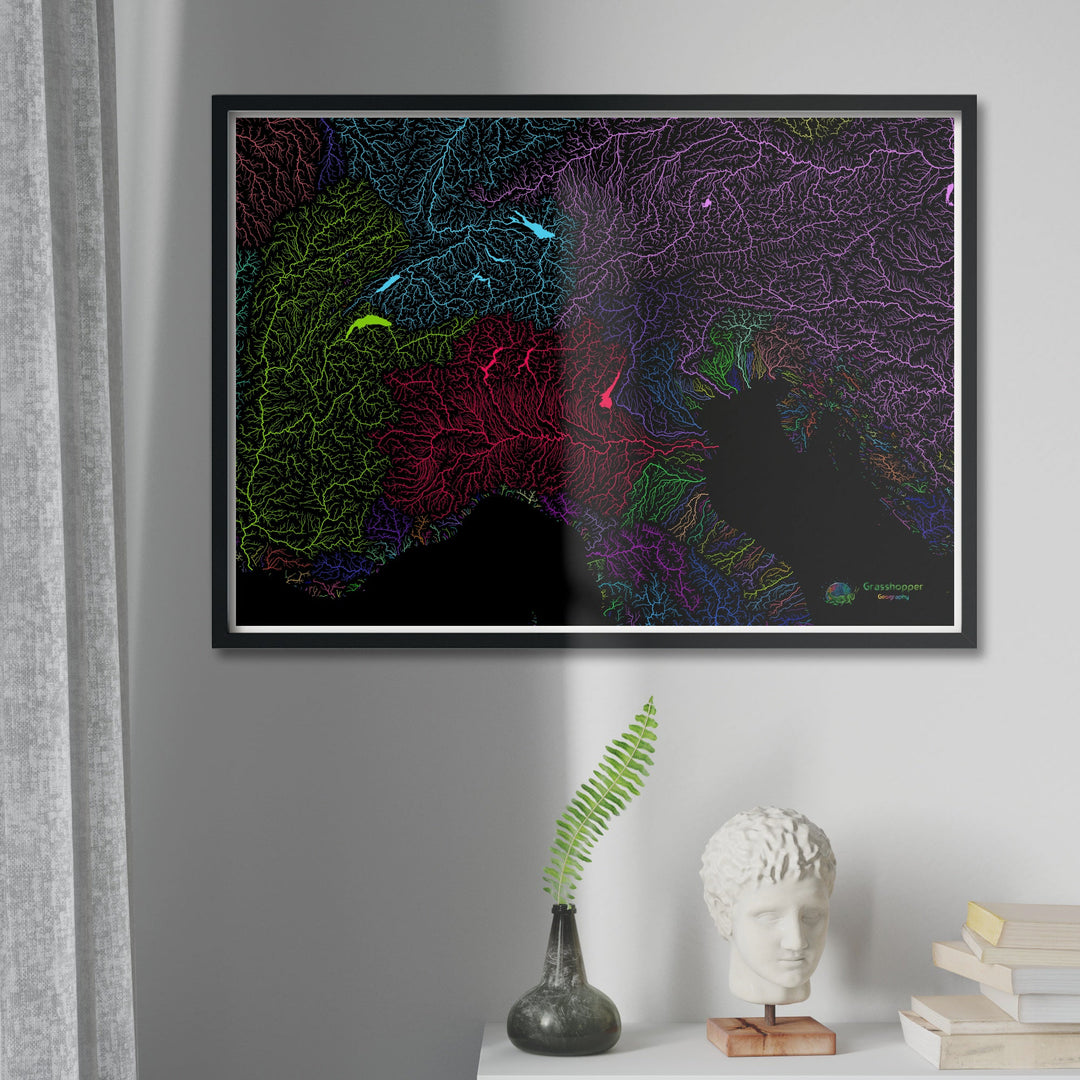 Les Alpes - Carte des bassins fluviaux, arc-en-ciel sur noir - Fine Art Print