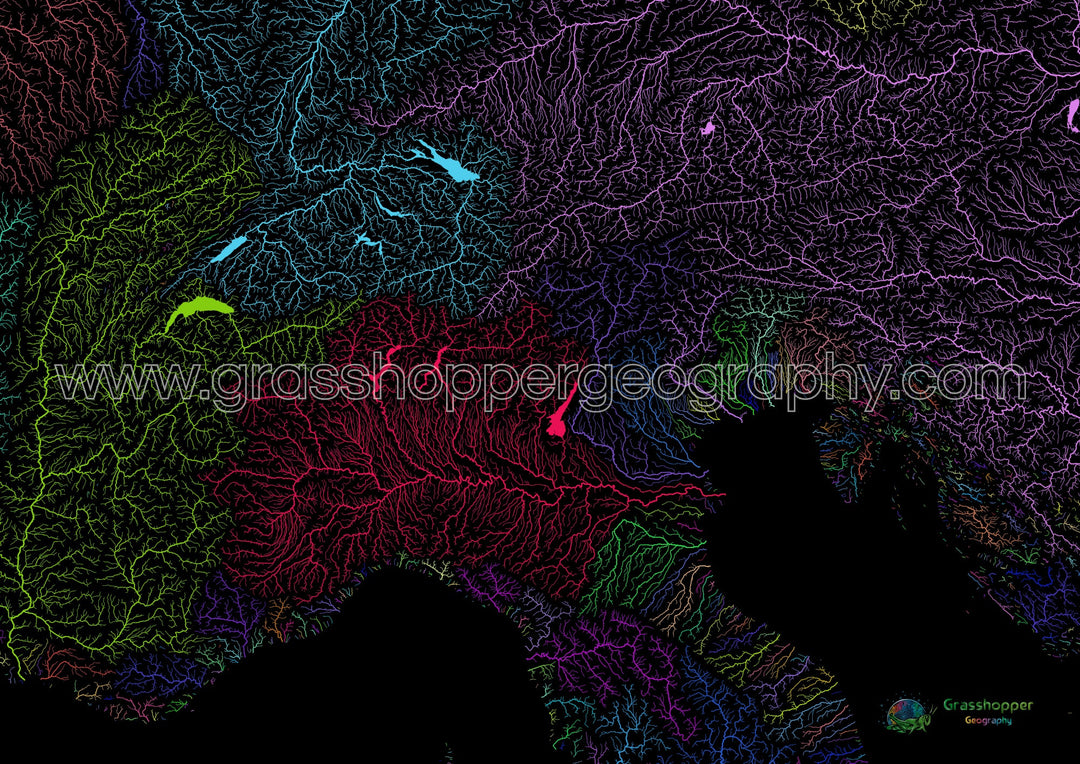 Les Alpes - Carte des bassins fluviaux, arc-en-ciel sur noir - Fine Art Print