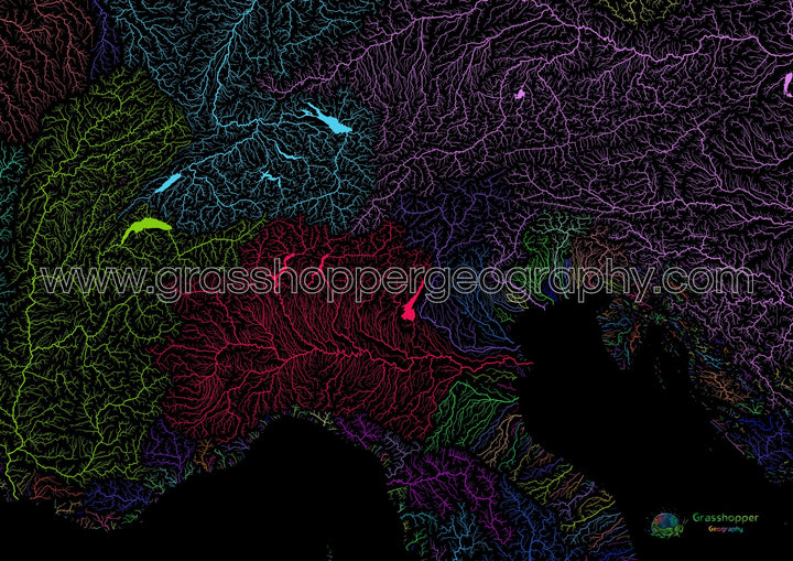 Les Alpes - Carte des bassins fluviaux, arc-en-ciel sur noir - Fine Art Print