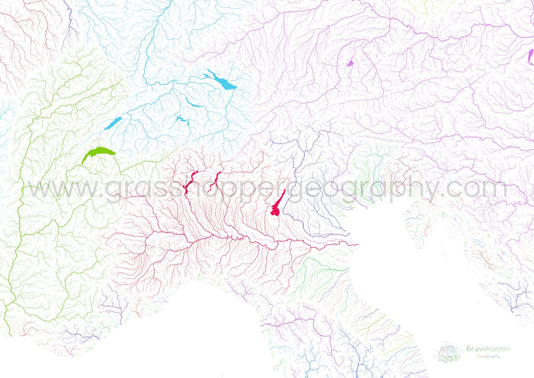 Les Alpes - Carte des bassins fluviaux, arc-en-ciel sur blanc - Fine Art Print