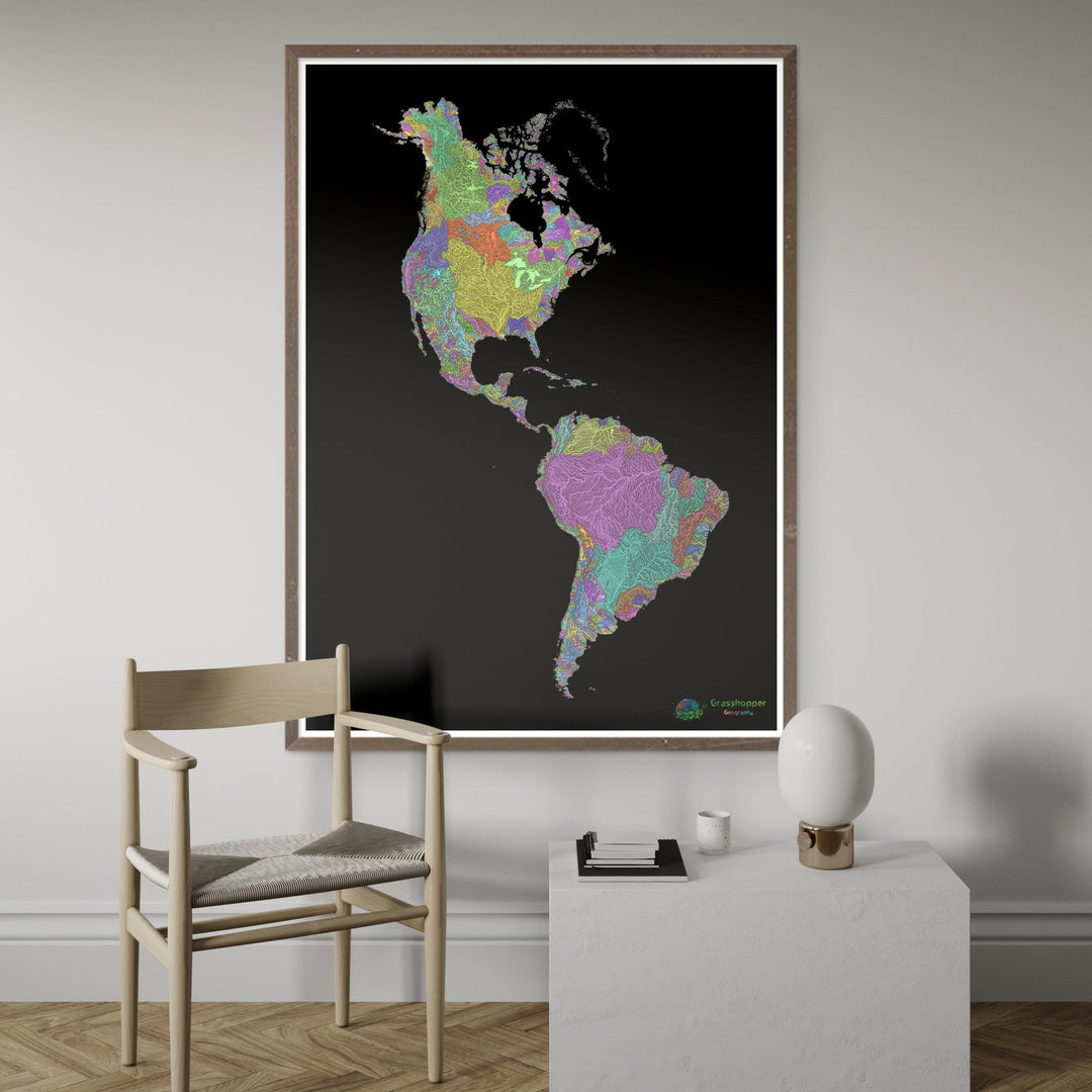 River basin map of the Americas, pastel colours on black - Fine Art Print
